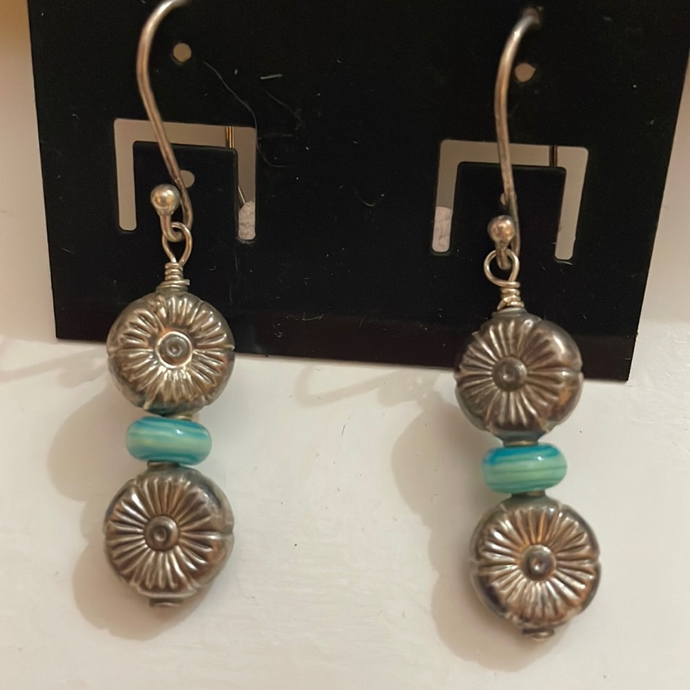 Sterling Flower And Lamp Work Glass Earrings